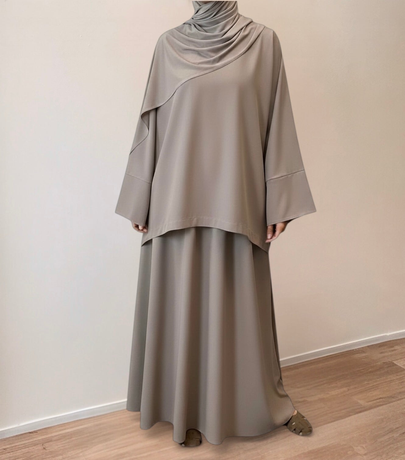 Taupe set with flared skirt