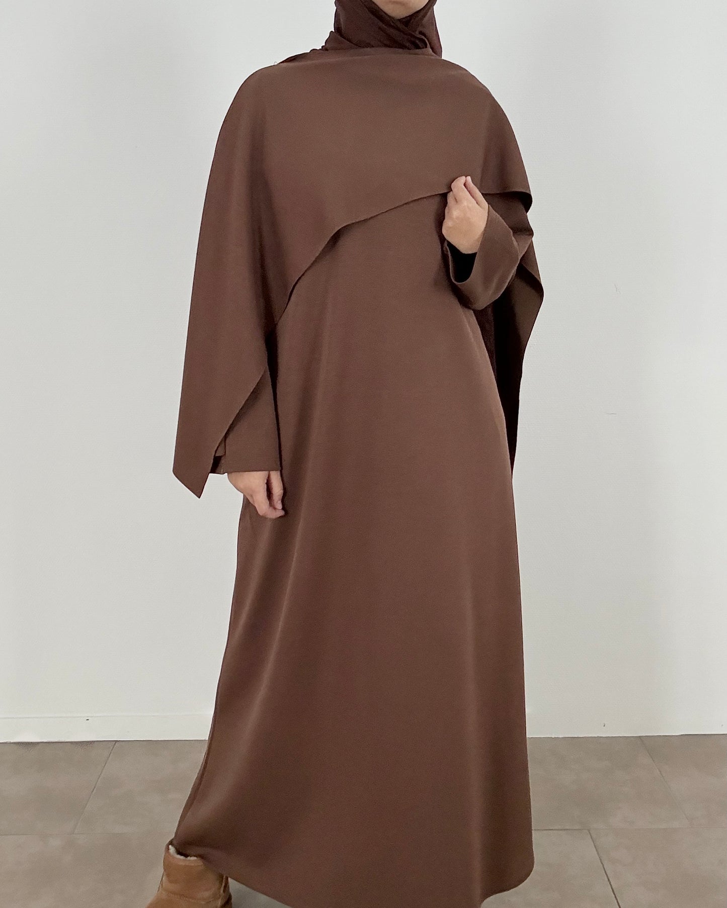 Brown abaya with scarf collar